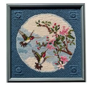 Vintage Framed Needlepoint Hummingbirds & Cherry Blossoms Sunset Designs 13.25"